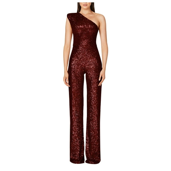 GaThRRgYP Rompers for Women,Womens Pants Wide Leg,Women's Solid Color High-Waisted Strapless One-Shoulder Sequin Casual Long Jumpsuit Wine XL