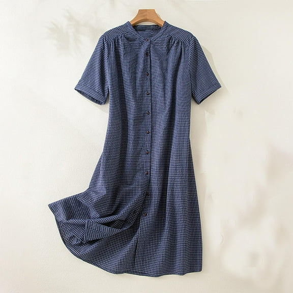 GaThRRgYP Scoop Neck Mini Dress with Short Sleeves,Women's Elastic Waist Loose and Comfortable Solid Color Doll Shirt Linen Dress Blue L