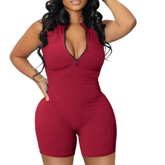 LEBONYARD Womens Summer Shorts with Pockets,Women's Shorts in Cute Patterns,,Women's High Neck Zipper Jumpsuit Color Jumpsuit Shorts Tight Jumpsuit