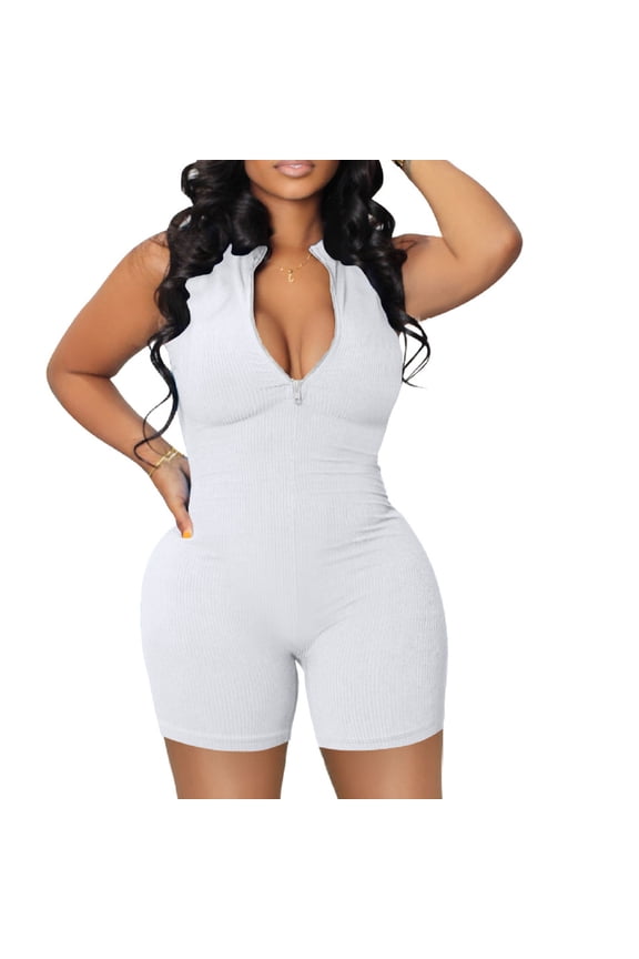 LEBONYARD Plus Size Shorts,Women's High Neck Zipper Jumpsuit Color Jumpsuit Shorts Tight Jumpsuit