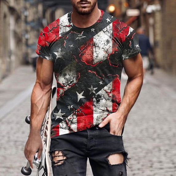 GaThRRgYP Short Sleeve Crew Neck Tops USA Flag Tee Shirts for Men,Men's Independence Day Printed Round Neck Short Sleeved Top/Shirt Multicolor M