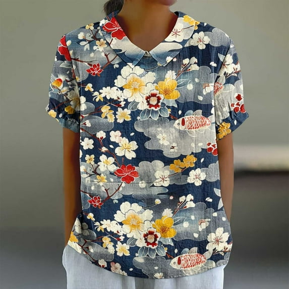 GaThRRgYP Short Sleeve Tunic Blouse - Women's Summer Tops,Women's Ladies Fashion Casual Cropped Short Sleeve Printing Loose Shirt Blouse Top Multicolor XL