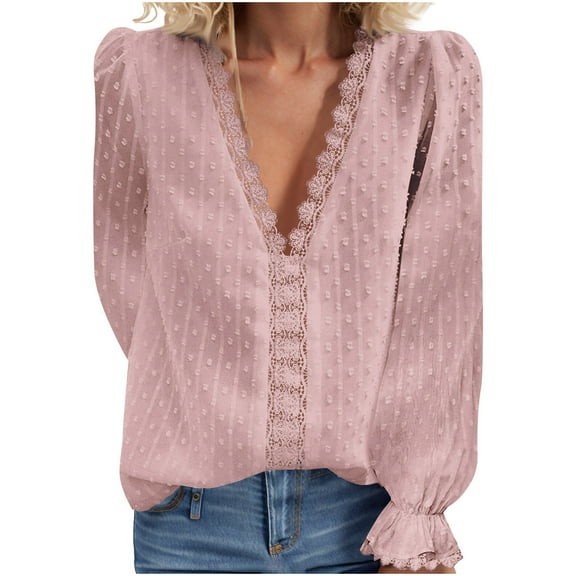 GaThRRgYP Off the Shoulder Tops for Women,Womens Tops Summer,Women's Casual Long Sleeve V-Neck Solid Color Top Loose Embroidered Chiffon Shirt Pink M