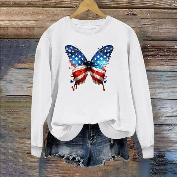GaThRRgYP Simple Round Neck Long Sleeve Tee Women Basic,Ladies Long Sleeve Round Neck Independence Day Casual Printed Top White XL