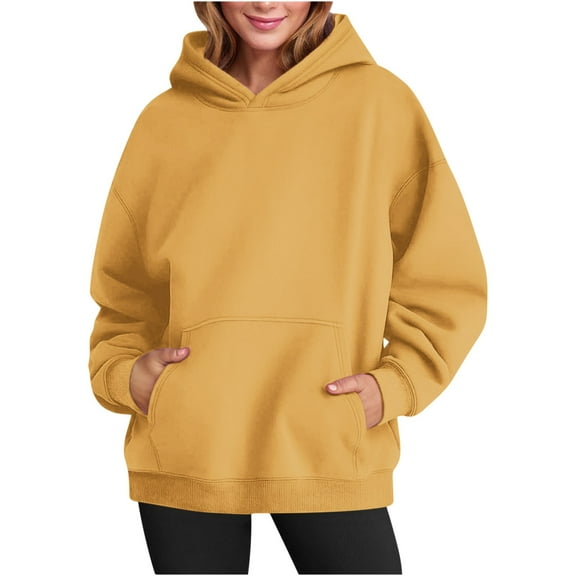 GaThRRgYP Spring Tops for Women 2025,Summer Shirts for Women Short Sleeve,Womens Oversized Hoodies Casual Long Sleeve Fleece Sweatshirts Pullover Sweaters Teen Girls Preppy Tops Clothes Yellow XXL