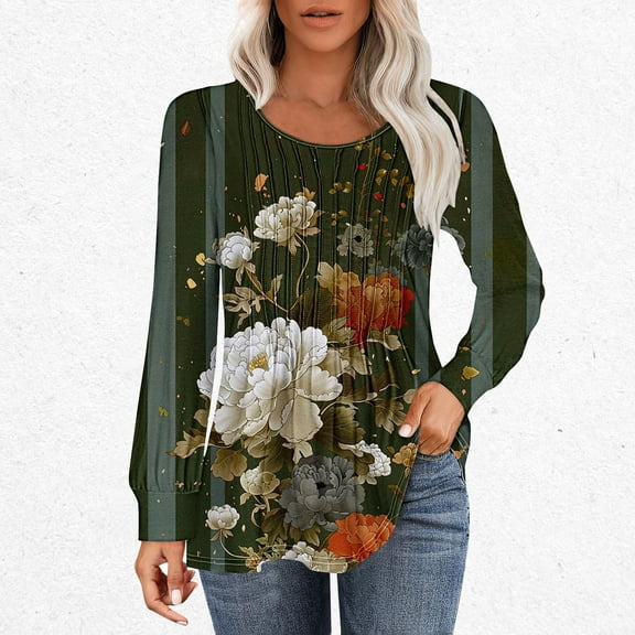 Black*Friday Discounted Items under $5 GaThRRgYP Spring Tops for Women 2025,Womens Tops Short Sleeve Dressy,Women's Loose Pleated Round Neck Fashion Print Long Sleeved Round Neck Top Multicolor L