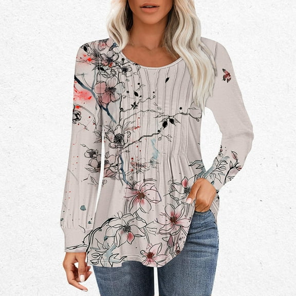 GaThRRgYP Spring Tops for Women,Plus Size Tops under 10.00,Women's Loose Pleated Round Neck Fashion Print Long Sleeved Round Neck Top Multicolor XXL