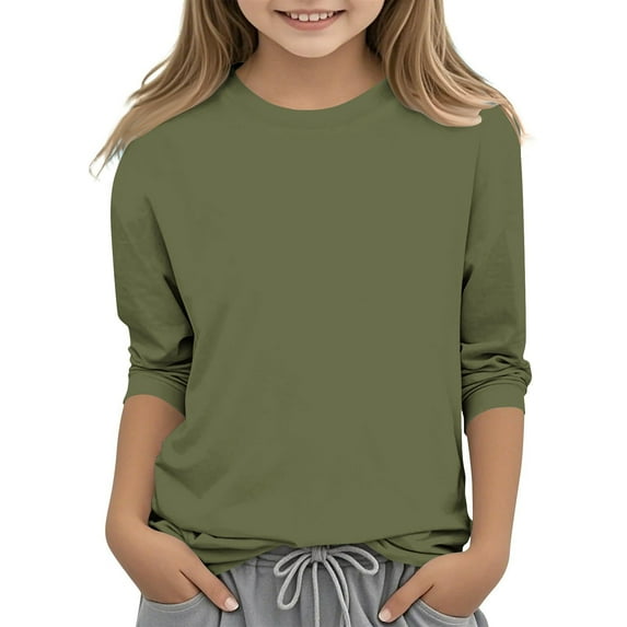 GaThRRgYP Spring Tops for Women,Plus Size Tops for Women Short Sleeve Crewneck Shirts,Children's Solid Color 3/4 Sleeve Round Neck Tops/shirt Army Green 150