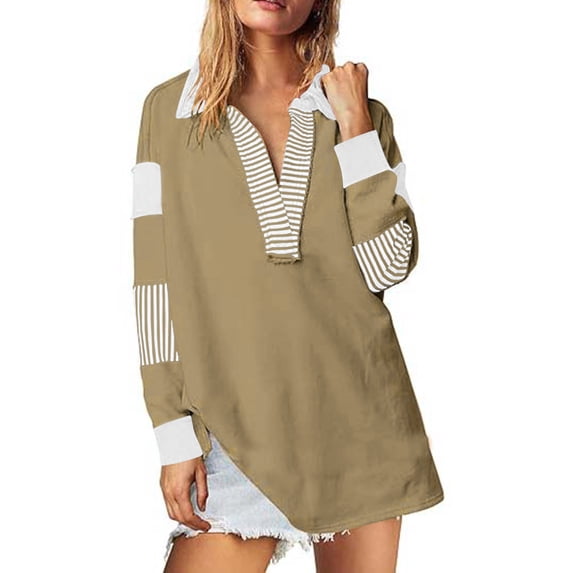 GaThRRgYP Spring Tops for Women,Womens Tops Plus Size,Womens Color Block Stripe Oversized Sweatshirts V Neck Long Sleeve Casual Loose Pullover Tops Khaki M