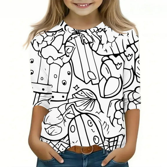 GaThRRgYP Spring Tops for Women 2026,Tops for Women 2026,Children's Graffiti Printed Sleeve Round Neck Children's Top Hoodie White#18 7 Years