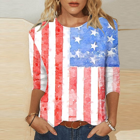 GaThRRgYP Spring Tops for Women,Womens Tops Short Sleeve,Women's Fashion Printed T-shirt Mid-length 3/4 Sleeves Blouse Round Neck Casual Tops White M