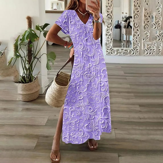 GaThRRgYP Stretchy Cotton Blend Short Sleeve V-Neck Dress-Casual Comfort,Womens Spring and Summer V-Neck Solid Casual Short Sleeved Long Dress Purple XXXXXL
