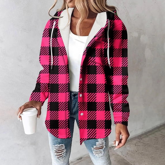 GaThRRgYP Stylish Outerwear Jacket for Ladies Winter Autumn,Women's Plaid Printe Long-sleeved Long-sleeved Hooded Casual Coat Hot Pink M