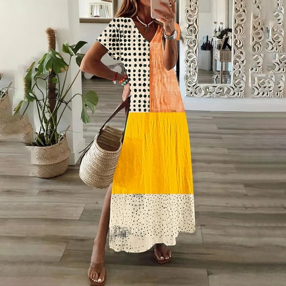 GaThRRgYP Stylish Sheath Summer Short Sleeve Dress,Womens Spring and Summer V-Neck Solid Casual Short Sleeved Long Dress Yellow XXXXL