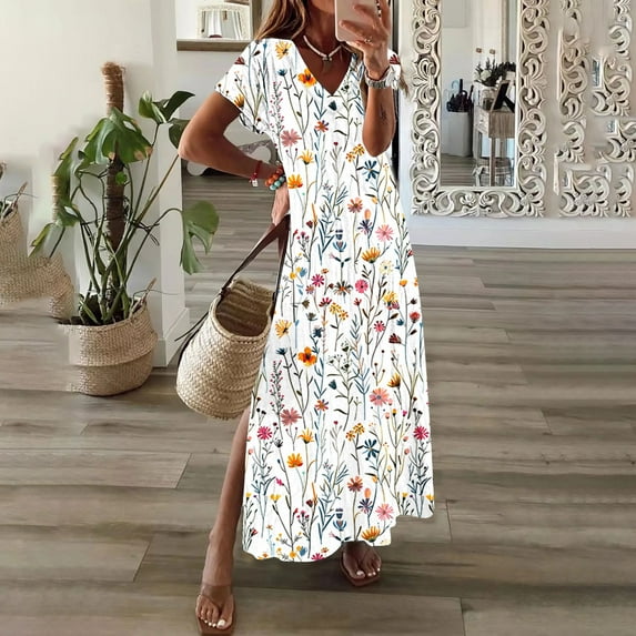 GaThRRgYP Summer Boho Short Sleeve Dress,Womens Spring and Summer V-Neck Solid Casual Short Sleeved Long Dress White S