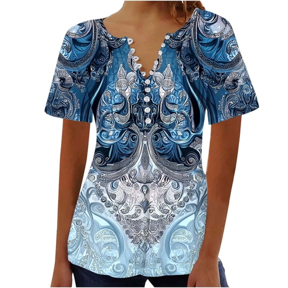GaThRRgYP Summer Floral Print Short Sleeve Blouse - Women's Top,Women's Fashion Summer Casual Printed V-neck Button Up Short Seeved Blouses Top Navy M