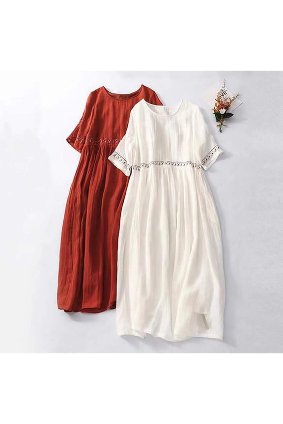 Summer Flowy Dress Women Boho,Ladies' Loose Casual Solid Color Linen Embroidered Short Sleeved Round Neck Dress White XXXL