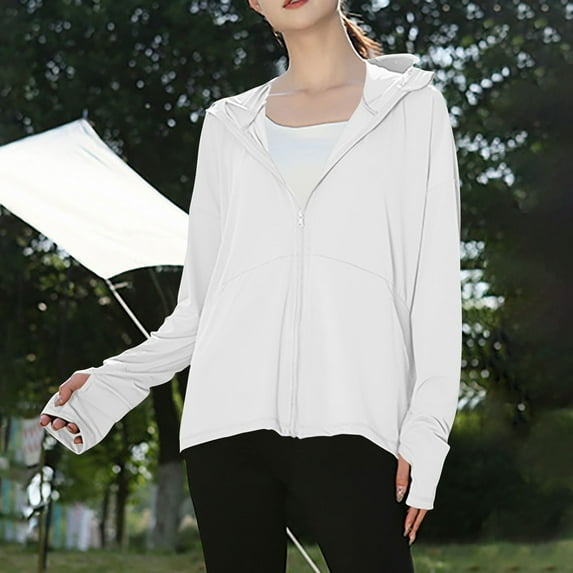 GaThRRgYP Summer Hiking UV Protective Jacket Women's UPF 50+ Outdoor Wear,Ladies Long-sleeved Round Neck Hooded Solid Color Casual Sun Protection White Free Size