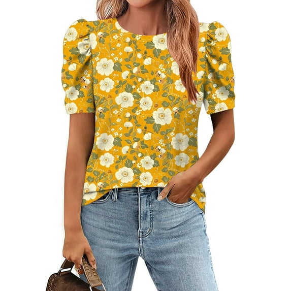 GaThRRgYP Summer Linen Blend Short Sleeve Blouse - Women's Top,Women's Crew-neck Pleated Short-sleeved Pullover Casual Print Loose Top Yellow S