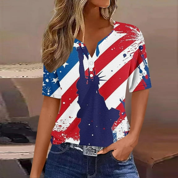 GaThRRgYP Summer Plus Size Short Sleeve Blouse - Women's Tops,Ladies' Independence Day Printed Button Up Three Quarter Sleeve 3/4 Sleeve V-neck Top/shirt Red XXL