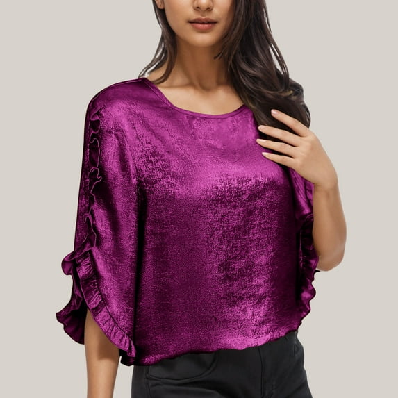 GaThRRgYP Summer Printed Short Sleeve Blouse - Women's Trendy Top,Women's Fashionable Solid Color Round Neck Asymmetrical Ruffle Sleeve Long Sleeved Top Watermelon Red L