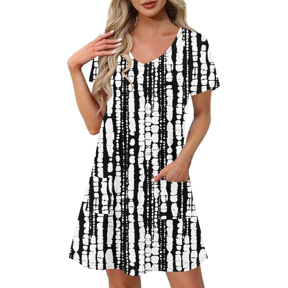 GaThRRgYP Summer Short Sleeve Dress,Women's Fashion Summer Print Short-sleeved V-neck Casual Dress Black XL
