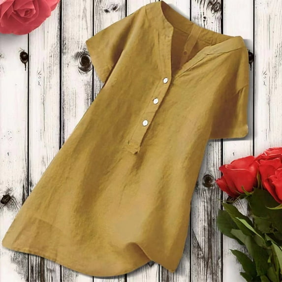 Clearance Clothes under $5.00 GaThRRgYP Workout Tops for Women,Womens Summer Tops with Sleeves,Women's V-Neck Short Sleeve Loose Button Cotton and Linen Tunic Shirts Summer Shirts Blouse Yellow M