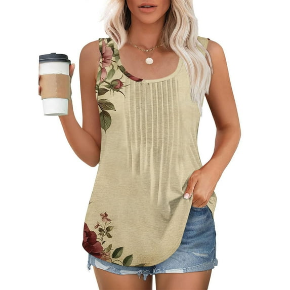 GaThRRgYP Summer Tank Tops for Women Round Neck,Summer Tops for Women under $10,Women's New Loose Crew-neck Pleated Print Fashion Top Beige XXXXXL