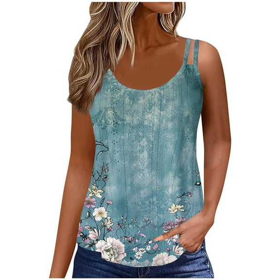 GaThRRgYP Summer Tank Tops for Women Round Neck,Tank Tops for Women Plus Size,2025 Women's Spring and Summer New Tank Eyelet Embroidery Neck Fashion Print Casual Fashion Top Blouse Army Green L