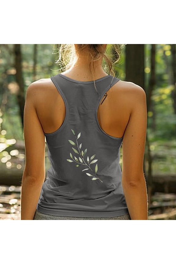 Summer Tank Tops for Women Round Neck,Tank Tops for Women Plus Size,Summer Women Printing Round Neck Sleeveless Casual Tee H-shaped Back Tank Dark Gray S