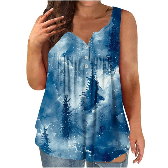 GaThRRgYP Summer Tank Tops for Women,Women's Sleeveless V-Neck Floral Blouse,Womens Tank Summer Printing Sleeveless Flared Trendy Blouse Button Tunic Shirt Blue XL