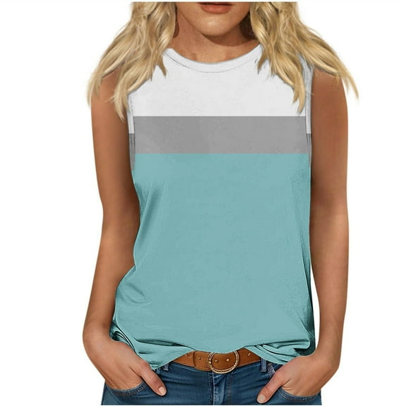 GaThRRgYP Summer Tank Tops for Women 2025,Women's Summer Casual Fashion Printing Loose Round Neck Sleeveless Top Sky Blue XL
