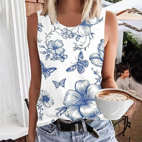 Black*Friday Deals Clearance GaThRRgYP Summer Tank Tops for Women Round Neck,Summer Tops for Women under $10,Women's Casual Printed Sleeveless Crew Neck White S