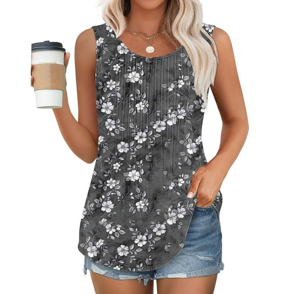 GaThRRgYP Summer Tank Tops for Women Round Neck,Women's New Loose Casual Crew-neck Pleated Print Fashion Top Gray L