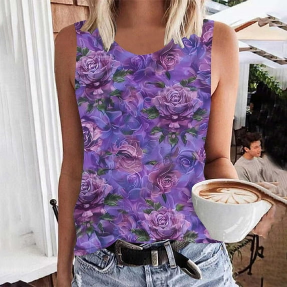 Black*Friday Womens Clothing Clearance under $5 GaThRRgYP Summer Tank Tops for Women Round Neck,Womens Summer Tops Loose Fit,Women's Casual Printed Sleeveless Crew Neck Purple XL