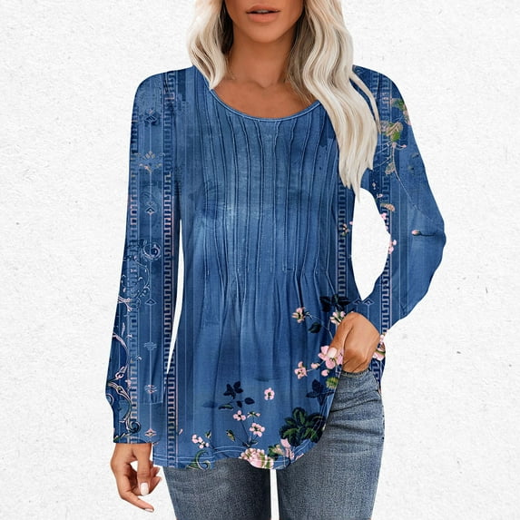 GaThRRgYP Summer Tops,Plus Size Tops for Women Short Sleeve Crewneck Shirts,Women's Loose Pleated Round Neck Fashion Print Long Sleeved Round Neck Top Multicolor L