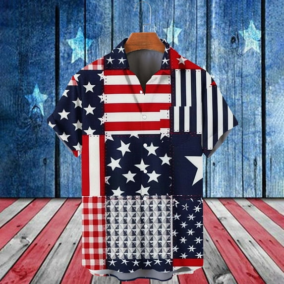 GaThRRgYP Summer Tops for Women,Mens Tops,Men's Independence Day Print Shirt Printed Lapel Collar Short Sleeved T-shirt Tops Short Sleeved Lapel Tops/shirt Navy XXXL