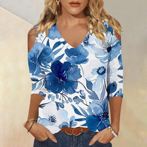 GaThRRgYP Summer Tops for Women,Summer Tops for Women under $10,Women's Fashionable Casual 3/4 Sleeve Off Shoulder V-neck Printed Top Blue S