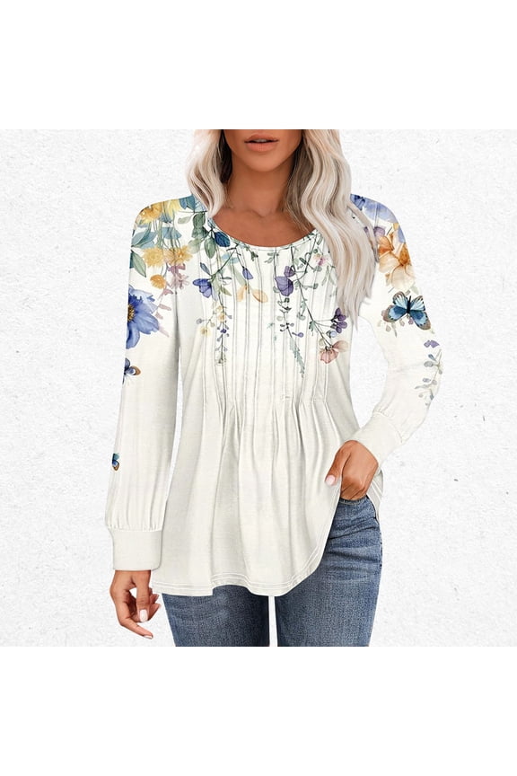 Black and Friday Discounted Items under $5 GaThRRgYP Summer Tops,Women's Plus Size Summer Tops,Women's Loose Pleated Round Neck Fashion Print Long Sleeved Round Neck Top Multicolor M