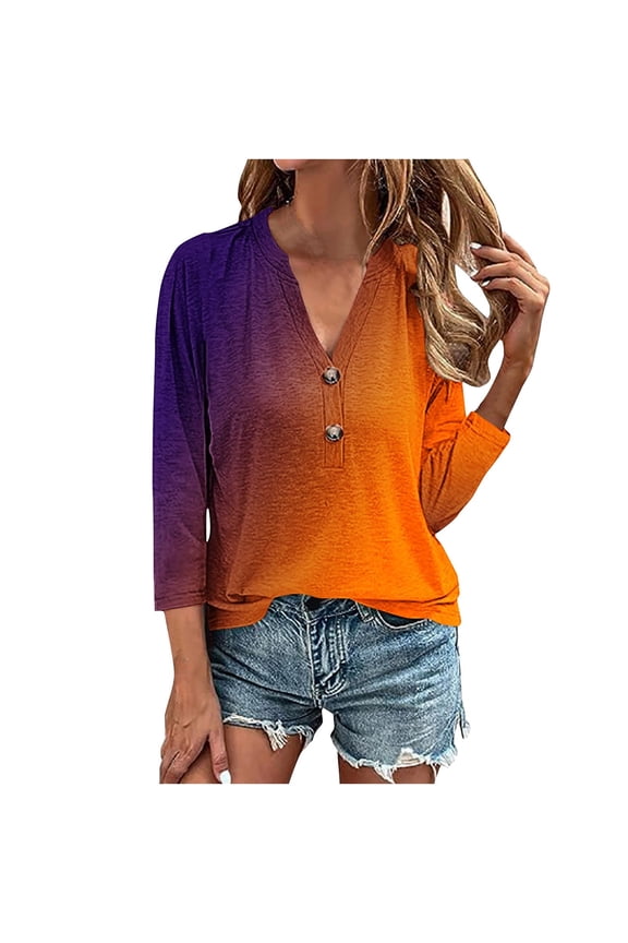 Summer Tops,Womens Floral Tops for $5 Tops,Women's 3/4 Sleeve Solid Color Button Shirt Loose Shirt V-neck Top Orange S