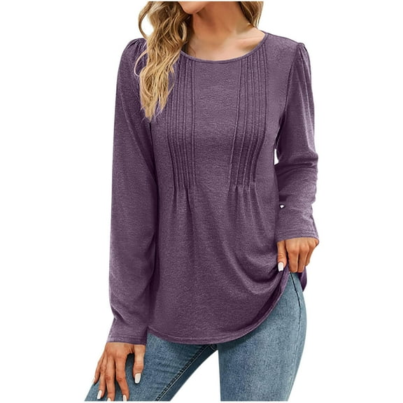GaThRRgYP Summer Tops,Womens Floral Tops for $5 Tops,Women's Solid Round-Neck Long Sleeve Fashion Casual Blouse Tops Purple S
