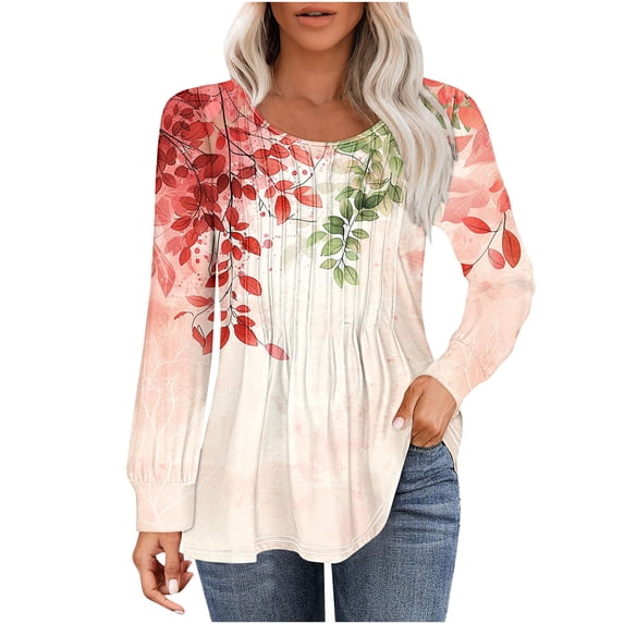 GaThRRgYP Summer Tops,Womens Plus Size Tops,Women's Casual Fashion Loose Pleated Round Neck Fashion Print Long Sleeved Top Print Long Sleeved Round Neck Top/shirt Multicolor XL