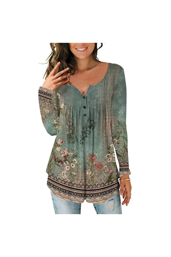 Summer Tops,Womens Summer Tops Plus Size,Women Fashion Summer Sexy Fold Printed Regular Women Long Sleeves V Neck Button Green L