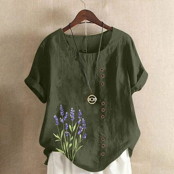 GaThRRgYP Summer Tops for Girls,Women Casual and Linen Round-Neck Top Printed Short Sleeve Button T-shirt Blouse Army Green XL
