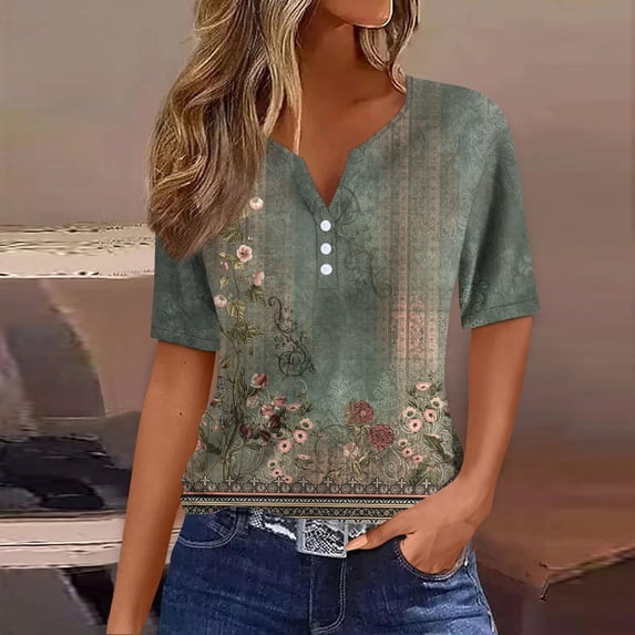GaThRRgYP Plus Size Tops for Women,Womens Tops Clearance under $5,Women's Casual Printed Short Sleeve V-Neck Top Army Green L