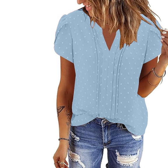 GaThRRgYP Summer Tops for Women Plus Size,Women Ladies Solid Short Sleeve Round Neck Pullover Lace Blouse Blue S