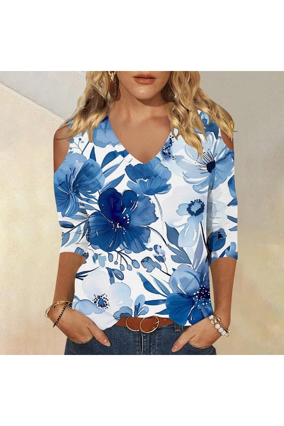 Black and Friday Discounted Items under $5 GaThRRgYP Summer Tops for Women,Summer Tops for Women 2025,Women's Fashionable Casual 3/4 Sleeve Off Shoulder V-neck Printed Top Blue XXL