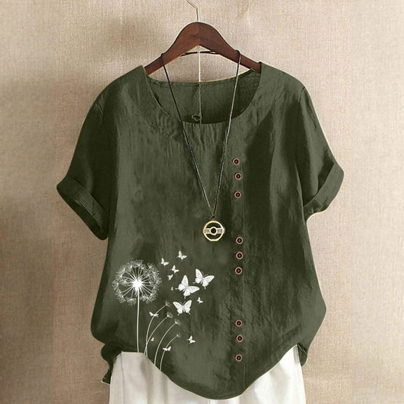 GaThRRgYP Summer Vacation Short Sleeve Blouse - Women's Casual Top,Women Casual and Linen Round-Neck Top Printed Short Sleeve Button T-shirt Blouse Army Green S