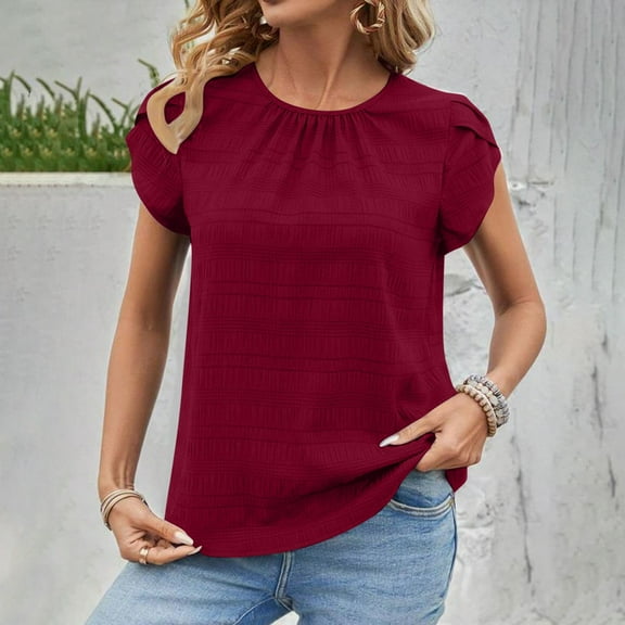 GaThRRgYP Summer Vacation Short Sleeve Blouse - Women's Casual Top,Women Solid Round Neck Sleeve Back Keyhole Blouse Temperament Short Sleeve Top Red XL
