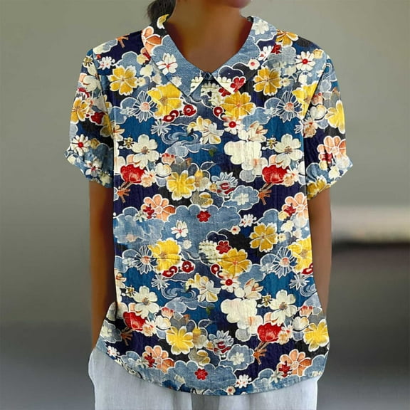 GaThRRgYP Summer Vacation Short Sleeve Blouse - Women's Casual Top,Women's Ladies Fashion Casual Cropped Short Sleeve Printing Loose Shirt Blouse Top Multicolor S